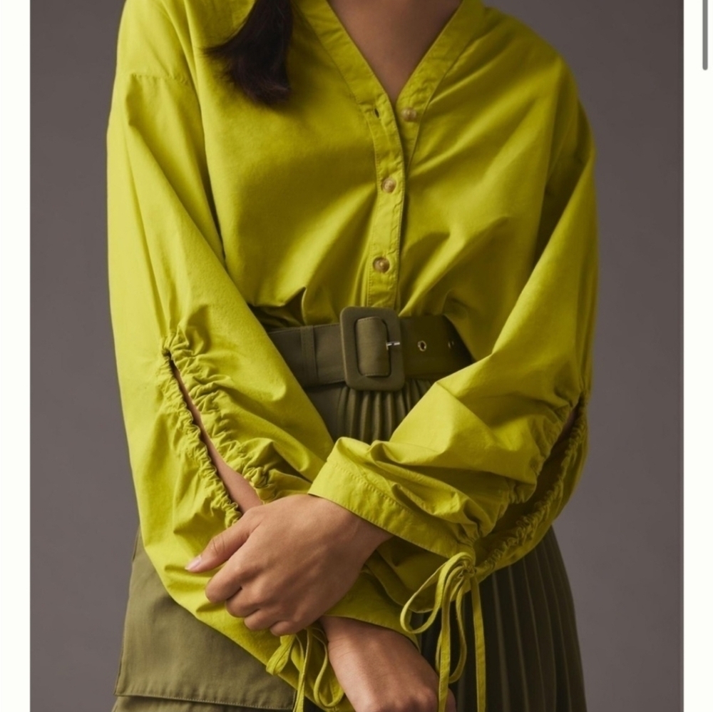 Pilcro Anthropologie Drawstring Chartreuse Poplin Button Blouse Womens XXS